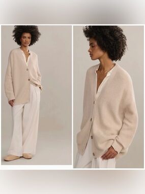 Jenni Kayne Cream Ribbed Button-Front Oversized Cardigan